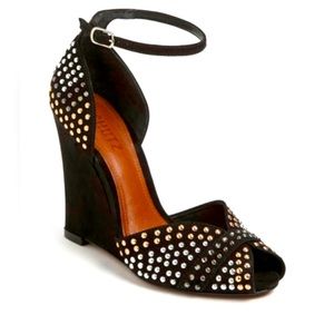 ‼️SALE‼️✨HP✨SCHUTZ Solange Peep Toe Wedge, BlackSuedeTri-Color Studs, 7.5